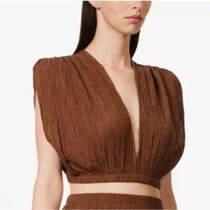 Savannah Morrow XS Kamala Crop Top Crinkled Silk Blend Deep V Neck Paprika Brown